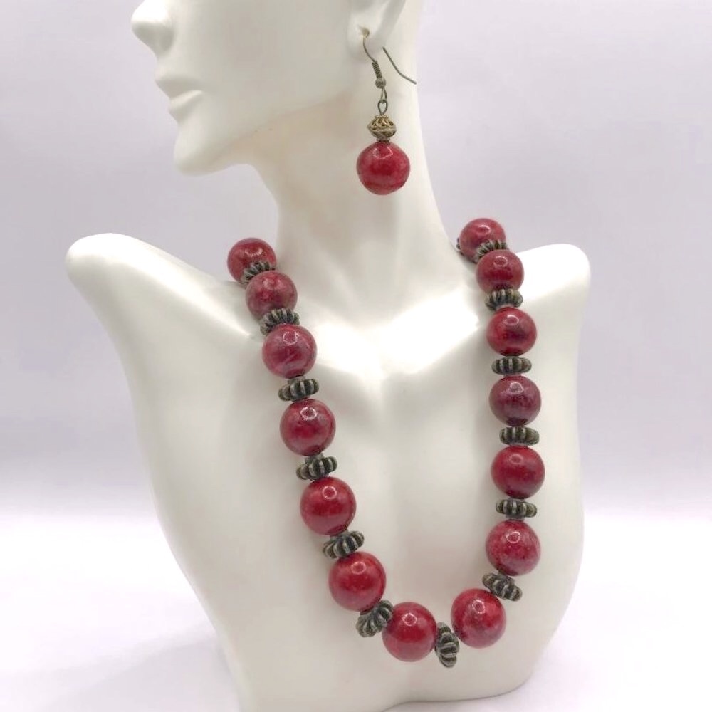 Antique Gold-Tone & Red Stone Bead Necklace & Earrings Set